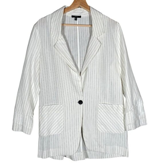 Drew Narrow Stripe Blazer M White Linen Rayon Blend Relaxed Boyfriend Minimalist - Picture 1 of 11
